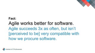 Fact:
Agile works better for software.
Agile succeeds 3x as often, but isn’t
[perceived to be] very compatible with
how we procure software.
 