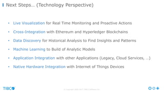 © Copyright 2000-2017 TIBCO Software Inc.
Next Steps… (Technology Perspective)
• Live Visualization for Real Time Monitoring and Proactive Actions
• Cross-Integration with Ethereum and Hyperledger Blockchains
• Data Discovery for Historical Analysis to Find Insights and Patterns
• Machine Learning to Build of Analytic Models
• Application Integration with other Applications (Legacy, Cloud Services, …)
• Native Hardware Integration with Internet of Things Devices
 
