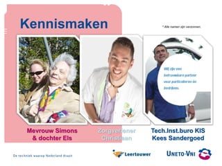 Kennismaken
Mevrouw Simons
& dochter Els
Zorgverlener
Christiaan
Tech.Inst.buro KIS
Kees Sandergoed
* Alle namen zijn verzonnen.
 