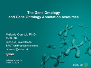 The Gene Ontology
and Gene Ontology Annotation resources
Mélanie Courtot, Ph.D.
EMBL-EBI
GO/GOA Project leader
SPOT/UniProt content teams
mcourtot@ebi.ac.uk
Industry workshop
March 17 2016
 