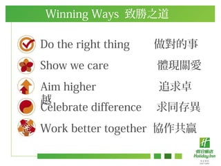 Do the right thing 
Show we care wFP
Aim higher ׷׿
Խ
Celebrate difference ͬ殐
Work better together fA
Winning Ways ֮
 