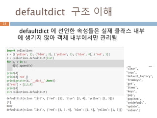 defaultdict 클래스
defaultdict 클래스는 인스턴스를 만들고 이를 기
반으로 내부의 원소를 추가할 수 있음
임의의 키를 검색시 Default 값이 출력됨
23
 
