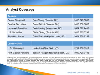 NYSE MKT: URG • TSX: URE
Ur-Energy Inc. is followed by the analysts listed above. This list, including the firms and individual analysts at these firms, is subject to
change at any time without notice. Please note that any opinions, estimates, forecasts, conclusions or recommendations regarding Ur-Energy
Inc. performance made by these analysts are theirs alone and do not represent opinions, estimates, forecasts, conclusions,
recommendations or predictions of Ur-Energy Inc. or its management. Ur-Energy Inc. does not by its reference above or in any other manner
imply its endorsement of or concurrence with such information, conclusions or recommendations.
5
United States
H.C. Wainwright Heiko Ihle (New York, NY) 1.212.356.0510
Roth Capital Partners Joseph Reagor (Newport Beach, CA) 1.949.720.7106
Canada
Cantor Fitzgerald Rob Chang (Toronto, ON) 1.416.849.5008
Dundee Securities David Talbot (Toronto, ON) 1.416.350.3082
Haywood Securities Colin Healey (Vancouver, BC) 1.604.697.7400
L.B. Securities Chris Chang (Toronto, ON) 1.416.865.5798
Raymond James David Sadowski (Vancouver, BC) 1.604.659.8255
 