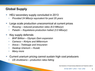 NYSE MKT: URG • TSX: URE
 HEU secondary supply concluded in 2013
• Provided 24 Mlbs/yr equivalent for past 20 years
 Large scale production uneconomical at current prices
• Rossing – reduced production rates (6.0 Mlbs/yr)
• Paladin – Kayelekera production halted (3.0 Mlbs/yr)
 Key supply deferrals
• BHP Billiton – Olympic Dam expansion
• Cameco – Kintyre and Millennium
• Areva – Trekkopje and Imouraren
• Swakop Uranium – Husab
• Many more
 Current uranium pricing cannot sustain high cost producers
• US shutdowns – production rates falling
9
See Disclaimer re Forward-looking Statements and Projections (slide 2)
 