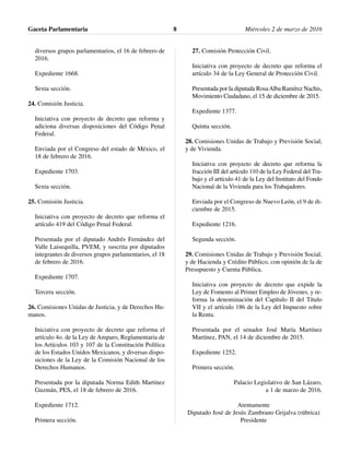 diversos grupos parlamentarios, el 16 de febrero de
2016.
Expediente 1668.
Sexta sección.
24. Comisión Justicia.
Iniciativa con proyecto de decreto que reforma y
adiciona diversas disposiciones del Código Penal
Federal.
Enviada por el Congreso del estado de México, el
18 de febrero de 2016.
Expediente 1703.
Sexta sección.
25. Comisión Justicia.
Iniciativa con proyecto de decreto que reforma el
artículo 419 del Código Penal Federal.
Presentada por el diputado Andrés Fernández del
Valle Laisequilla, PVEM, y suscrita por diputados
integrantes de diversos grupos parlamentarios, el 18
de febrero de 2016.
Expediente 1707.
Tercera sección.
26. Comisiones Unidas de Justicia, y de Derechos Hu-
manos.
Iniciativa con proyecto de decreto que reforma el
artículo 4o. de la Ley de Amparo, Reglamentaria de
los Artículos 103 y 107 de la Constitución Política
de los Estados Unidos Mexicanos, y diversas dispo-
siciones de la Ley de la Comisión Nacional de los
Derechos Humanos.
Presentada por la diputada Norma Edith Martínez
Guzmán, PES, el 18 de febrero de 2016.
Expediente 1712.
Primera sección.
27. Comisión Protección Civil.
Iniciativa con proyecto de decreto que reforma el
artículo 34 de la Ley General de Protección Civil.
Presentada por la diputada RosaAlba Ramírez Nachis,
Movimiento Ciudadano, el 15 de diciembre de 2015.
Expediente 1377.
Quinta sección.
28. Comisiones Unidas de Trabajo y Previsión Social,
y de Vivienda.
Iniciativa con proyecto de decreto que reforma la
fracción III del artículo 110 de la Ley Federal del Tra-
bajo y el artículo 41 de la Ley del Instituto del Fondo
Nacional de la Vivienda para los Trabajadores.
Enviada por el Congreso de Nuevo León, el 9 de di-
ciembre de 2015.
Expediente 1216.
Segunda sección.
29. Comisiones Unidas de Trabajo y Previsión Social,
y de Hacienda y Crédito Público, con opinión de la de
Presupuesto y Cuenta Pública.
Iniciativa con proyecto de decreto que expide la
Ley de Fomento al Primer Empleo de Jóvenes, y re-
forma la denominación del Capítulo II del Título
VII y el artículo 186 de la Ley del Impuesto sobre
la Renta.
Presentada por el senador José María Martínez
Martínez, PAN, el 14 de diciembre de 2015.
Expediente 1252.
Primera sección.
Palacio Legislativo de San Lázaro,
a 1 de marzo de 2016.
Atentamente
Diputado José de Jesús Zambrano Grijalva (rúbrica)
Presidente
Gaceta Parlamentaria Miércoles 2 de marzo de 20168
 