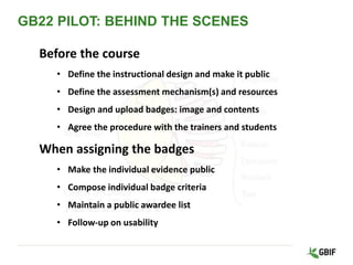 GB22 PILOT: BEHIND THE SCENES
Before the course
• Define the instructional design and make it public
• Define the assessment mechanism(s) and resources
• Design and upload badges: image and contents
• Agree the procedure with the trainers and students
When assigning the badges
• Make the individual evidence public
• Compose individual badge criteria
• Maintain a public awardee list
• Follow-up on usability
 