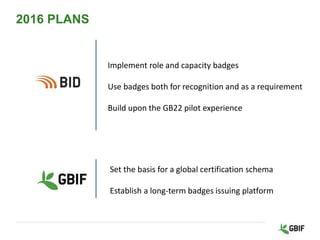 2016 PLANS
Set the basis for a global certification schema
Establish a long-term badges issuing platform
Implement role and capacity badges
Use badges both for recognition and as a requirement
Build upon the GB22 pilot experience
 