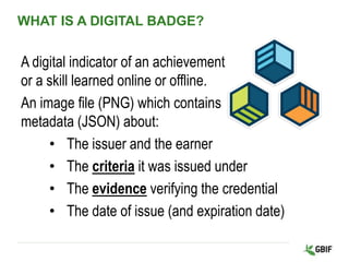 WHAT IS A DIGITAL BADGE?
A digital indicator of an achievement
or a skill learned online or offline.
An image file (PNG) which contains
metadata (JSON) about:
• The issuer and the earner
• The criteria it was issued under
• The evidence verifying the credential
• The date of issue (and expiration date)
 