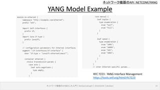 ネットワーク機器のAPI：NETCONF/YANG
ネットワーク機器のAPIあれこれ入門｜NetOpsCoding#2｜2016/03/04｜@ebiken 14
YANG Model Example
RFC 7223 : YANG Interface Management
https://tools.ietf.org/html/rfc7223
 