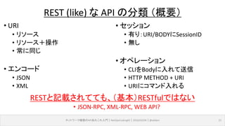 ネットワーク機器のAPIあれこれ入門｜NetOpsCoding#2｜2016/03/04｜@ebiken 21
REST (like) な API の分類 （概要）
• URI
• リソース
• リソース＋操作
• 常に同じ
• エンコード
• JSON
• XML
• セッション
• 有り：URI/BODYにSessionID
• 無し
• オペレーション
• CLIをBodyに入れて送信
• HTTP METHOD + URI
• URIにコマンド入れる
RESTと記載されてても、（基本）RESTfulではない
• JSON-RPC, XML-RPC, WEB API?
 