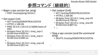 Brocade vRouter 5600 (Vyatta)
ネットワーク機器のAPIあれこれ入門｜NetOpsCoding#2｜2016/03/04｜@ebiken 25
参照コマンド （継続的）
• Begin a ops session (ex: ping)
• POST /rest/op/ping/10.0.0.1
• Get ouput (1st)
• GET /rest/op/02B3479CA1522F2A
• HTTP/1.1 200 OK
• PING 10.3.0.1 (10.3.0.1) 56(84) bytes of
data.
• 64 bytes from 10.3.0.1: icmp_seq=1
ttl=64 time=0.839 ms
• 64 bytes from 10.3.0.1: icmp_seq=2
ttl=64 time=0.846 ms
• ...
• 64 bytes from 10.3.0.1: icmp_seq=18
ttl=64 time=0.821 ms
• Get output (2nd)
• GET /rest/op/02B3479CA1522F2A
• HTTP/1.1 200 OK
• 64 bytes from 10.3.0.1: icmp_seq=19
ttl=64 time=0.799 ms
• 64 bytes from 10.3.0.1: icmp_seq=20
ttl=64 time=0.807 ms
• ...
• Stop a ops session (and the command
ping)
• DELETE /rest/op/02B3479CA1522F2A
.
 