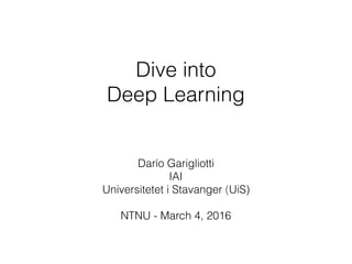 Dive into
Deep Learning
Darío Garigliotti
IAI
Universitetet i Stavanger (UiS)
NTNU - March 4, 2016
 