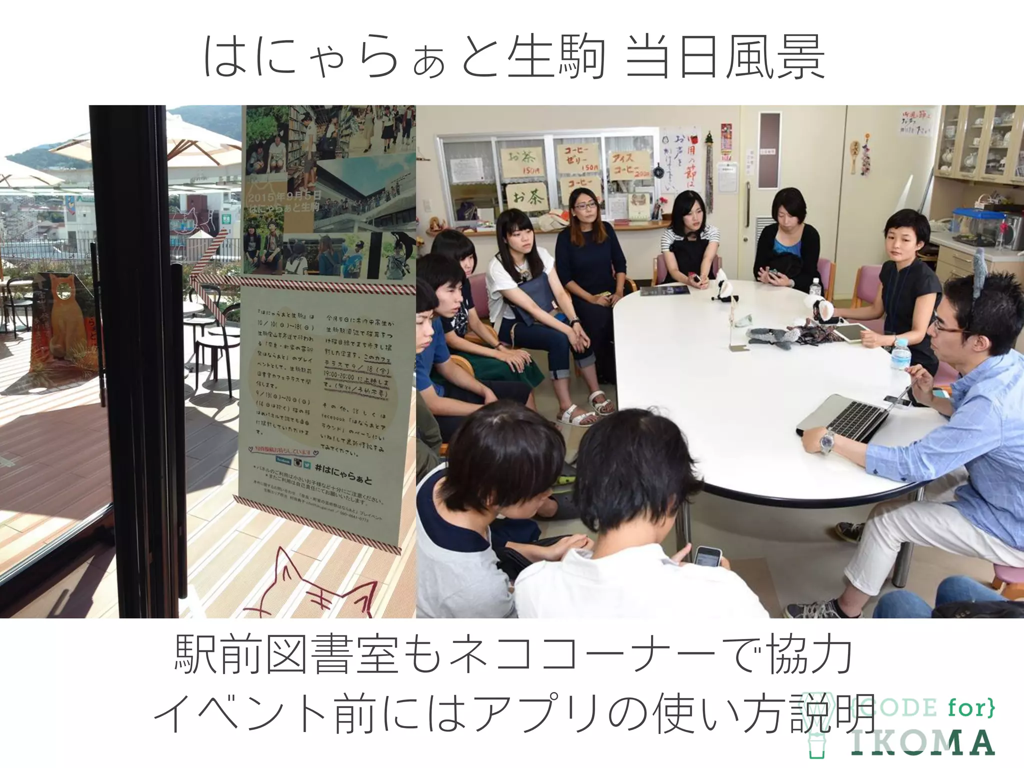 はにゃらぁと生駒 当日風景
駅前図書室もネココーナーで協力
イベント前にはアプリの使い方説明
 