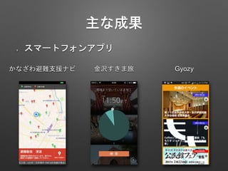 主な成果
スマートフォンアプリ
かなざわ避難支援ナビ Gyozy金沢すきま旅
 