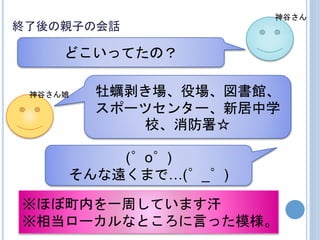 終了後の親子の会話
どこいってたの？
牡蠣剥き場、役場、図書館、
スポーツセンター、新居中学
校、消防署☆
(゜o゜)
そんな遠くまで…(゜_゜)
※ほぼ町内を一周しています汗
※相当ローカルなところに言った模様。
神谷さん
神谷さん娘
 
