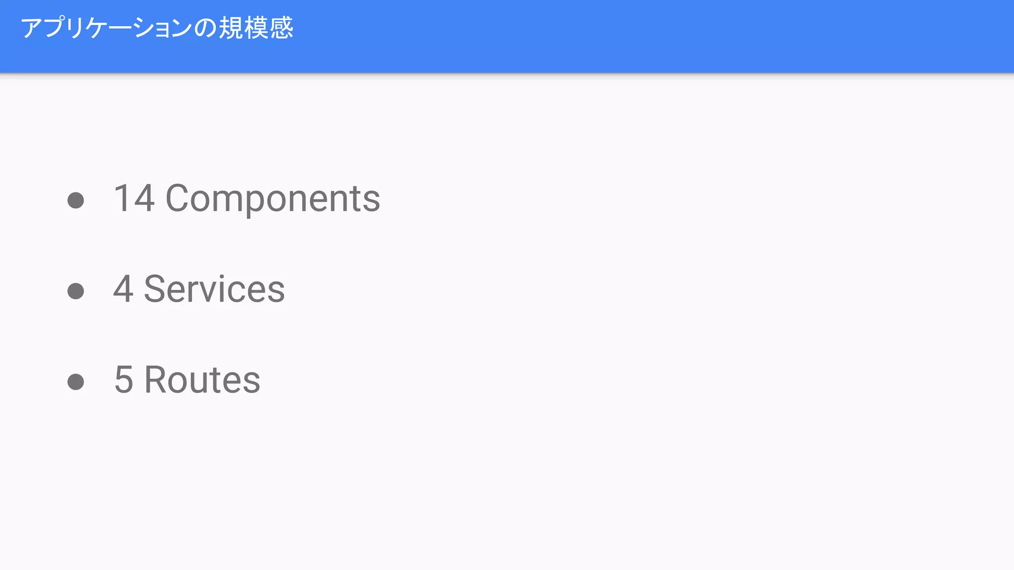 アプリケーションの規模感 ● 14 Components ● 4 Services ● 5 Routes 