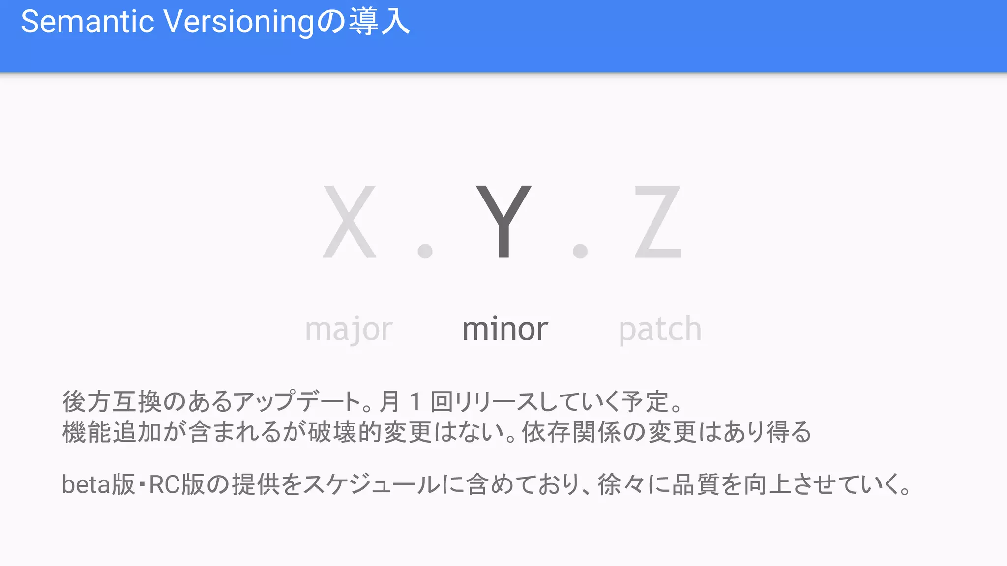 Semantic Versioningの導入 後方互換のあるアップデート。月 1 回リリースしていく予定。 機能追加が含まれるが破壊的変更はない。依存関係の変更はあり得る beta版・RC版の提供をスケジュールに含めており、徐々に品質を向上させていく。 X . Y . Z major minor patch 