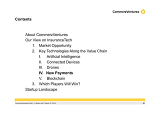 30CommerzVentures GmbH ‌ Frankfurt a.M. | March 07, 2016
CommerzVentures
Contents
About CommerzVentures
Our View on InsuranceTech
1.  Market Opportunity
2.  Key Technologies Along the Value Chain
I.  Artificial Intelligence
II.  Connected Devices
III.  Drones
IV.  New Payments
V.  Blockchain
3.  Which Players Will Win?
Startup Landscape
 