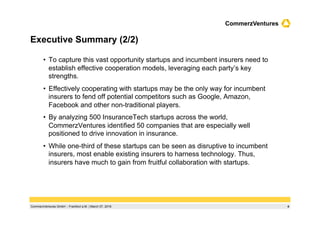 4CommerzVentures GmbH ‌ Frankfurt a.M. | March 07, 2016
CommerzVentures
Executive Summary (2/2)
•  To capture this vast opportunity startups and incumbent insurers need to
establish effective cooperation models, leveraging each party’s key
strengths.
•  Effectively cooperating with startups may be the only way for incumbent
insurers to fend off potential competitors such as Google, Amazon,
Facebook and other non-traditional players.
•  By analyzing 500 InsuranceTech startups across the world,
CommerzVentures identified 50 companies that are especially well
positioned to drive innovation in insurance.
•  While one-third of these startups can be seen as disruptive to incumbent
insurers, most enable existing insurers to harness technology. Thus,
insurers have much to gain from fruitful collaboration with startups.
 
