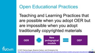 29
Open Educational Practices
Teaching and Learning Practices that
are possible when you adopt OER but
are impossible when you adopt
traditionally copyrighted materials
OER
New
pedagogical
models
OEP
CC-BY Patricia Hogan, Breanne Carlson, and Christopher Kirk
http://www.slideshare.net/oeconsortium/showcasing-open-educational-practices-models-using-open-educational-resources
 