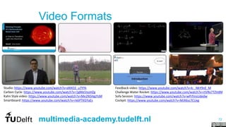 72multimedia-academy.tudelft.nl
Video Formats
Studio: https://www.youtube.com/watch?v=d4XO2_u7YYk
Carbon Cycle: https://www.youtube.com/watch?v=1gMe5IsoHZg
Kahn Style video: https://www.youtube.com/watch?v=Me2N5HgJYsM
Smartboard: https://www.youtube.com/watch?v=rk6PTKGYaEs
Feedback video: https://www.youtube.com/watch?v=k-_NkY9nE_M
Challenge Water Rocket: https://www.youtube.com/watch?v=rtVRx7TZVdM
Sofa Session: https://www.youtube.com/watch?v=wPrfmsUdedw
Cockpit: https://www.youtube.com/watch?v=MJX6sc7CUxg
 
