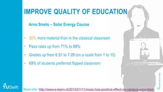 76
Arno Smets – Solar Energy Course
• 30% more material than in the classical classroom
• Pass rates up from 71% to 89%
• Grades up from 6.51 to 7.09 (on a scale from 1 to 10)
• 69% of students preferred flipped classroom
Fotografie:MarcelKrijger
IMPROVE QUALITY OF EDUCATION
More info: http://www.e-learn.nl/2015/01/11/mooc-has-positive-effect-on-campus-education
 