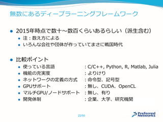 無数にあるディープラーニングフレームワーク
 2015年時点で数十〜数百くらいあるらしい（派生含む）
 注：数え方による
 いろんな会社や団体が作っていてまさに戦国時代
 比較ポイント
 使っている言語 ：C/C++, Python, R, Matlab, Julia
 機能の充実度 ：よりけり
 ネットワークの定義の方式 ：命令型、記号型
 GPUサポート ：無し、CUDA、OpenCL
 マルチGPU/ノードサポート ：無し、有り
 開発体制 ：企業、大学、研究機関
22/50
 