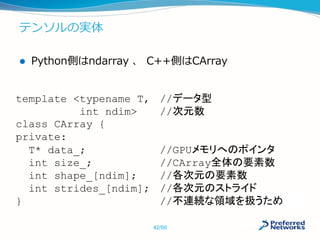 テンソルの実体
 Python側はndarray 、 C++側はCArray
template <typename T, //データ型
int ndim> //次元数
class CArray {
private:
T* data_; //GPUメモリへのポインタ
int size_; //CArray全体の要素数
int shape_[ndim]; //各次元の要素数
int strides_[ndim]; //各次元のストライド
} //不連続な領域を扱うため
42/50
 