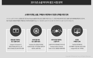2015년소셜미디어에서는동영상광고및DirectResponse를유도하는광고상품이약진하였습니다.또한모바일네트워크광고상품이점차매체력을확장하고있으며,
R&F와같은브랜딩에적합한구매방식도지속적으로발전하였습니다.이를통해소셜미디어광고를더욱전략적으로집행가능하게되었습니다.
Copyright © Wisebirds Corp. All Rights Reserved.
Instagram및Facebook내
동영상캐로셀,슬라이드쇼,GIF,
360도 등동영상광고관련포맷다양화
동영상을지원하는
광고상품의증대
이미지
or
아이콘
2015년소셜미디어광고시장요약
소재와타겟팅,상품,구매방식측면에서다양한선택을위한진화
FacebookDPA,동영상리타겟팅,
Lead광고와같은 유저반응을직접적으로
향상하는상품의발전
DR유도를위한
광고상품의발전
이미지
or
아이콘
소셜미디어의타겟정보를기반으로한
FacebookAudienceNetwork,
Twitter오디언스플랫폼의매체력확대
네트워크를위협하는
소셜미디어
가능한광고목적확대및
스토리텔링이가능한애드시퀀스의등장
Instagram에도R&F구매적용
보장형
구매방식강화
SNS
 