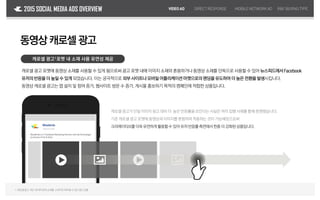 VIDEOAD DIRECTRESPONSE MOBILENETWORKAD2015 SOCIAL MEDIA ADS OVERVIEW R&FBUYING TYPE
Facebook 동영상캐로셀광고
캐로셀 광고1포맷 내 소재 사용 유연성 제공
캐로셀 광고 포맷에 동영상 소재를 사용할 수 있게 됨으로써 광고 포맷 내에 이미지 소재와 혼용하거나 동영상 소재를 단독으로 사용할 수 있어 뉴스피드에서Facebook
유저의반응을더 높일 수 있게 되었습니다. 이는 궁극적으로 외부 사이트나모바일어플리케이션마켓으로의랜딩을유도하여더 높은 전환을발생시킵니다.
동영상 캐로셀 광고는 앱 설치 및 참여 증가, 웹사이트 방문 수 증가, 게시물 홍보하기 목적의 캠페인에 적합한 상품입니다.
1.캐로셀광고:피드내여러장의소재를 스와이프하여볼수있는광고상품
캐로셀 광고가 단일 이미지 광고 대비 더 높은 반응률을 보인다는 사실은 여러 집행 사례를 통해 증명됐습니다.
기존 캐로셀 광고 포맷에 동영상과이미지를 혼합하여적용하는 것이 가능해짐으로써
크리에이티브를더욱유연하게활용할수 있어유저반응률측면에서한층 더 강화된상품입니다.Wisebirds
Sponsored
 