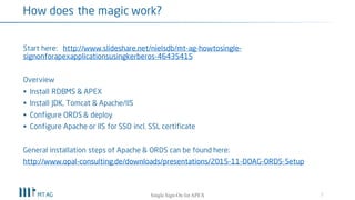 Start here: http://www.slideshare.net/nielsdb/mt-ag-howtosingle-
signonforapexapplicationsusingkerberos-46435415
Overview
§ Install RDBMS & APEX
§ Install JDK, Tomcat & Apache/IIS
§ Configure ORDS & deploy
§ Configure Apache or IIS for SSO incl. SSL certificate
General installation steps of Apache & ORDS can be found here:
http://www.opal-consulting.de/downloads/presentations/2015-11-DOAG-ORDS-Setup
7
How does the magic work?
Single Sign-On for your APEX apps
 
