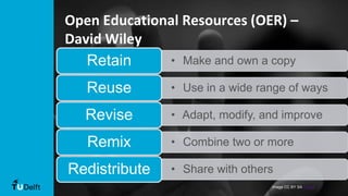 Open Educational Resources (OER) –
David Wiley
Image CC BY SA Hulikal
• Make and own a copyRetain
• Use in a wide range of waysReuse
• Adapt, modify, and improveRevise
• Combine two or moreRemix
• Share with othersRedistribute
 