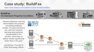 Case study: BuildFax
“Amazon Machine Learning
democratizes the process
of building predictive
models. It's easy and fast to
use, and has machine-
learning best practices
encapsulated in the
product, which lets us
deliver results significantly
faster than in the past”
Joe Emison, Founder &
Chief Technology Officer
https://aws.amazon.com/solutions/case-studies/buildfax/
 