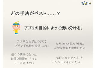 どの手法がベスト……？
アプリの目的によって使い分ける。
アプリならではのUXで
ブランド体験を提供したい
個々の興味に合った
お得な情報を タイム
リーに届けたい
知りたいと思った時に
必要な情報を提供したい
気軽に参加できる キ
ャンペーンを行いたい
 
