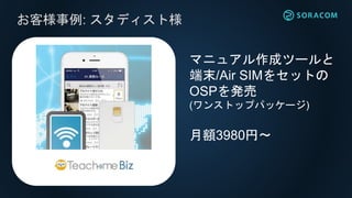 お客様事例: スタディスト様
マニュアル作成ツールと
端末/Air SIMをセットの
OSPを発売
(ワンストップパッケージ)
月額3980円〜
 