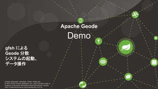 10
Unless otherwise indicated, these slides are © 2013-2016 Pivotal Software, Inc. and licensed under a
Creative Commons Attribution-NonCommercial license: http://creativecommons.org/licenses/by-nc/3.0/
Demo
Unless otherwise indicated, these slides are
© 2013-2016 Pivotal Software, Inc. and licensed under a
Creative Commons Attribution-NonCommercial license:
http://creativecommons.org/licenses/by-nc/3.0/
gfsh による
Geode 分散
システムの起動、
データ操作
Apache Geode
 