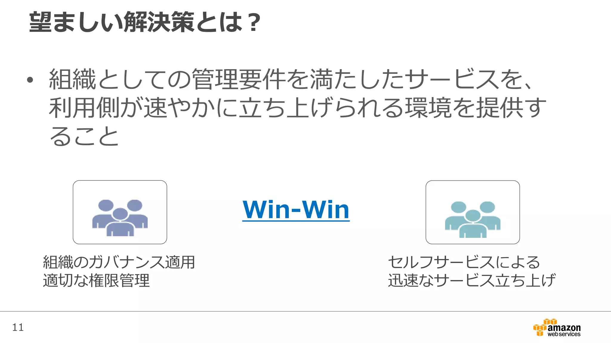 11
望ましい解決策とは？
• 組織としての管理要件を満たしたサービスを、
利用側が速やかに立ち上げられる環境を提供す
ること
セルフサービスによる
迅速なサービス立ち上げ
組織のガバナンス適用
適切な権限管理
Win-Win
 