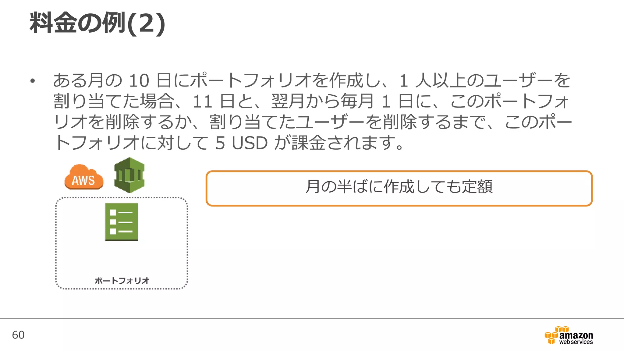 60
料金の例(2)
• ある月の 10 日にポートフォリオを作成し、1 人以上のユーザーを
割り当てた場合、11 日と、翌月から毎月 1 日に、このポートフォ
リオを削除するか、割り当てたユーザーを削除するまで、このポー
トフォリオに対して 5 USD が課金されます。
ポートフォリオ
月の半ばに作成しても定額
 