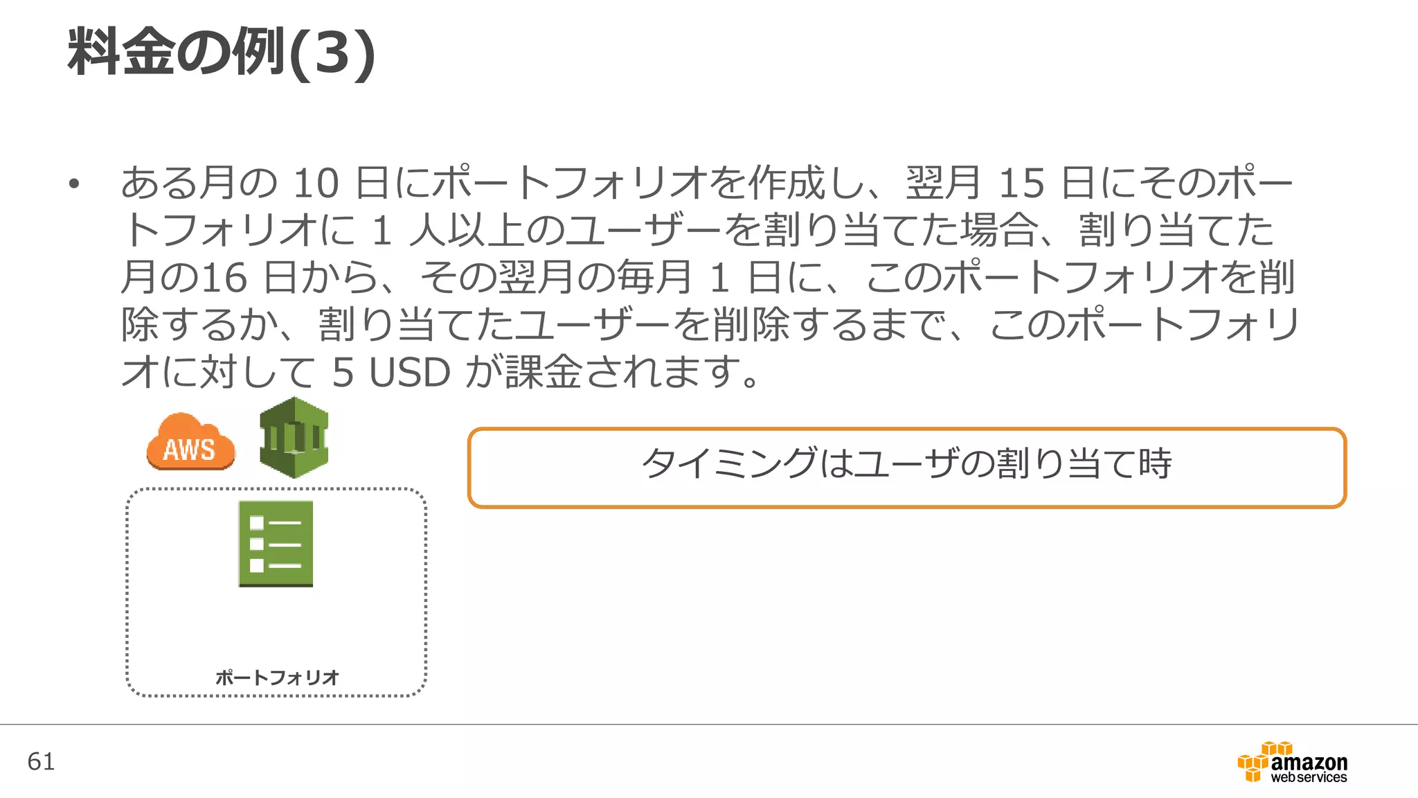 61
料金の例(3)
• ある月の 10 日にポートフォリオを作成し、翌月 15 日にそのポー
トフォリオに 1 人以上のユーザーを割り当てた場合、割り当てた
月の16 日から、その翌月の毎月 1 日に、このポートフォリオを削
除するか、割り当てたユーザーを削除するまで、このポートフォリ
オに対して 5 USD が課金されます。
ポートフォリオ
タイミングはユーザの割り当て時
 
