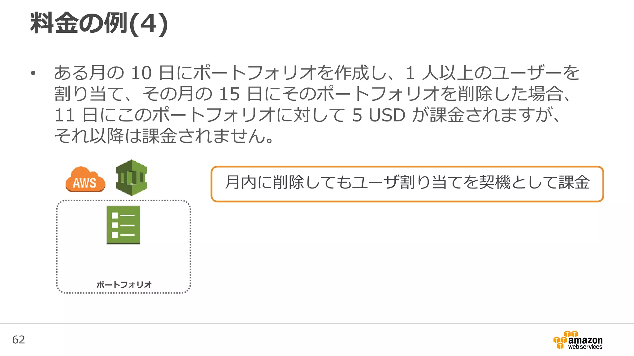 62
料金の例(4)
• ある月の 10 日にポートフォリオを作成し、1 人以上のユーザーを
割り当て、その月の 15 日にそのポートフォリオを削除した場合、
11 日にこのポートフォリオに対して 5 USD が課金されますが、
それ以降は課金されません。
ポートフォリオ
月内に削除してもユーザ割り当てを契機として課金
 
