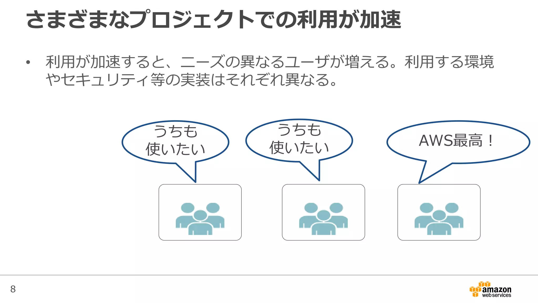 8
さまざまなプロジェクトでの利用が加速
• 利用が加速すると、ニーズの異なるユーザが増える。利用する環境
やセキュリティ等の実装はそれぞれ異なる。
うちも
使いたい AWS最高！
うちも
使いたい
 