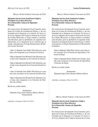 México, Distrito Federal, 8 de marzo de 2016.
Diputado José de Jesús Zambrano Grijalva
Presidente de la Mesa Directiva
De la Honorable Cámara de Diputados
Presente
Por instrucciones del diputado César Camacho, presi-
dente de la Junta de Coordinación Política, y de con-
formidad con lo dispuesto en el artículo 34, inciso c),
de la Ley Orgánica del Congreso General de los Esta-
dos Unidos Mexicanos, le ruego someter a considera-
ción del pleno, para su aprobación, las siguientes mo-
dificaciones en la integración de la comisión que se
señala, solicitadas por el Grupo Parlamentario del Par-
tido Acción Nacional:
• Que el diputado Juan Pablo Piña Kurczyn cause
baja como integrante en la Comisión de Justicia.
• Que el diputado José Hernán Cortés Berumen cau-
se alta como integrante en la Comisión de Justicia.
• Que el diputado José Hernán Cortés Berumen cau-
se baja como integrante de la Comisión Jurisdiccio-
nal.
• Que el diputado Juan Pablo Piña Kurczyn cause
alta como secretario en la Comisión Jurisdiccional.
• Que el diputado José Hernán Cortés Berumen cau-
se baja como integrante en la Comisión de Dere-
chos de la Niñez.
Reciba un cordial saludo.
Atentamente
Diputado Jorge Carlos Ramírez Marín (rúbrica)
Vicepresidente
(Aprobado, comuníquese. Marzo 8 de 2016.)
México, Distrito Federal, 8 de marzo de 2016.
Diputado José de Jesús Zambrano Grijalva
Presidente de la Mesa Directiva
De la Honorable Cámara de Diputados
Presente
Por instrucciones del diputado César Camacho, presi-
dente de la Junta de Coordinación Política, y de con-
formidad con lo dispuesto en el artículo 34, inciso c),
de la Ley Orgánica del Congreso General de los Esta-
dos Unidos Mexicanos, le ruego someter a considera-
ción del pleno, para su aprobación, la siguiente modi-
ficación en la integración de la comisión que se señala,
solicitada por el Grupo Parlamentario de Movimiento
Ciudadano:
• Que el diputado Adán Pérez Utrera cause baja co-
mo secretario de la Comisión de Agricultura y Sis-
temas de Riego.
• Que el diputado Daniel Adrián Sosa Carpio cause
alta como secretario en la Comisión de Agricultura
y Sistemas de Riego.
Reciba un cordial saludo.
Atentamente
Diputado Jorge Carlos Ramírez Marín (rúbrica)
(Aprobado, comuníquese. Marzo 8 de 2016.)
México, Distrito Federal, a 8 de marzo de 2016.
Diputado José de Jesús Zambrano Grijalva
Presidente de la Mesa Directiva
De la Honorable Cámara de Diputados
Presente
Por instrucciones del diputado César Camacho, presi-
dente de la Junta de Coordinación Política, y de con-
formidad con lo dispuesto en el artículo 34, inciso c),
de la Ley Orgánica del Congreso General de los Esta-
Gaceta Parlamentaria5Miércoles 9 de marzo de 2016
 