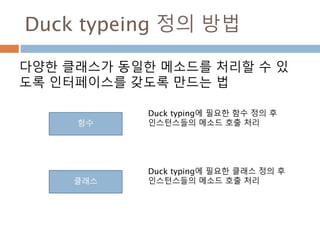 Duck typeing 정의 방법
다양한 클래스가 동일한 메소드를 처리할 수 있
도록 인터페이스를 갖도록 만드는 법
함수
클래스
Duck typing에 필요한 함수 정의 후
인스턴스들의 메소드 호출 처리
Duck typing에 필요한 클래스 정의 후
인스턴스들의 메소드 호출 처리
 