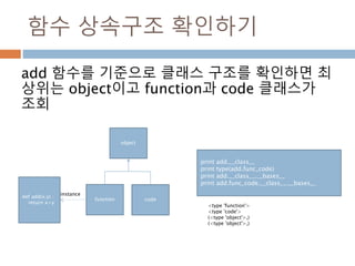 함수 상속구조 확인하기
add 함수를 기준으로 클래스 구조를 확인하면 최
상위는 object이고 function과 code 클래스가
조회
object
function code
def add(x,y) :
return x+y
instance
print add.__class__
print type(add.func_code)
print add.__class__.__bases__
print add.func_code.__class__.__bases__
<type 'function'>
<type 'code'>
(<type 'object'>,)
(<type 'object'>,)
 