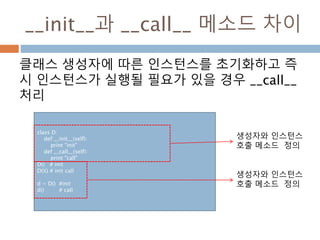 __init__과 __call__ 메소드 차이
클래스 생성자에 따른 인스턴스를 초기화하고 즉
시 인스턴스가 실행될 필요가 있을 경우 __call__
처리
class D:
def __init__(self):
print "init"
def __call__(self):
print "call"
D() # init
D()() # init call
d = D() #init
d() # call
생성자와 인스턴스
호출 메소드 정의
생성자와 인스턴스
호출 메소드 정의
 