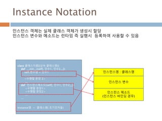 Instance Notation
인스턴스 객체는 실제 클래스 객체가 생성시 할당
인스턴스 변수와 메소드는 런타임 즉 실행시 등록하여 사용할 수 있음
인스턴스명 : 클래스명
인스턴스 변수
인스턴스 메소드
(인스턴스 바인딩 경우)
class 클래스이름[(상속 클래스명)]:
def __init__(self[, 인수1, 인수2,,,]):
self.변수명 = 인수1
……
<수행할 문장 2>
...
def 인스턴스메소드(self[, 인수1, 인수2,,,]):
<수행할 문장1>
<수행할 문장2>
...
...
Instance명 = 클래스명( 초기인자들)
 