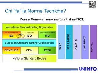 Chi “fa” le Norme Tecniche?
W3C
OASIS
IETF&IEEE
Others...
UN/CEFACT
Fora e Consorzi sono molto attivi nell'ICT.
International Standard Setting Organization
“All-others”
ISO
Telecommunication
ITU
Electrotechnical
IEC
European Standard Setting Organization
CEN ETSICENELEC
National Standard Bodies
JTC
/1
 
