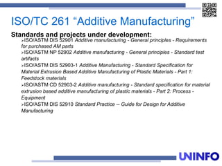 ISO/TC 261 “Additive Manufacturing”
Standards and projects under development:
ISO/ASTM DIS 52901 Additive manufacturing - General principles - Requirements
for purchased AM parts
ISO/ASTM NP 52902 Additive manufacturing - General principles - Standard test
artifacts
ISO/ASTM DIS 52903-1 Additive Manufacturing - Standard Specification for
Material Extrusion Based Additive Manufacturing of Plastic Materials - Part 1:
Feedstock materials
ISO/ASTM CD 52903-2 Additive manufacturing - Standard specification for material
extrusion based additive manufacturing of plastic materials - Part 2: Process -
Equipment
ISO/ASTM DIS 52910 Standard Practice -- Guide for Design for Additive
Manufacturing
 