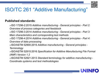 ISO/TC 261 “Additive Manufacturing”
Published standards:
ISO 17296-2:2015 Additive manufacturing - General principles - Part 2:
Overview of process categories and feedstock
ISO 17296-3:2014 Additive manufacturing - General principles - Part 3:
Main characteristics and corresponding test methods
ISO 17296-4:2014 Additive manufacturing - General principles - Part 4:
Overview of data processing
ISO/ASTM 52900:2015 Additive manufacturing - General principles -
Terminology
ISO/ASTM 52915:2016 Specification for Additive Manufacturing File Format
(AMF) Version 1.2
ISO/ASTM 52921:2013 Standard terminology for additive manufacturing -
Coordinate systems and test methodologies
 
