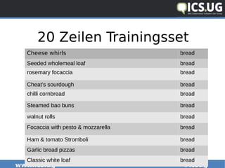 www.ics.ug #icsug
20 Zeilen Trainingsset
Cheese whirls bread
Seeded wholemeal loaf bread
rosemary focaccia bread
Cheat’s sourdough bread
chilli cornbread bread
Steamed bao buns bread
walnut rolls bread
Focaccia with pesto & mozzarella bread
Ham & tomato Stromboli bread
Garlic bread pizzas bread
Classic white loaf bread
 